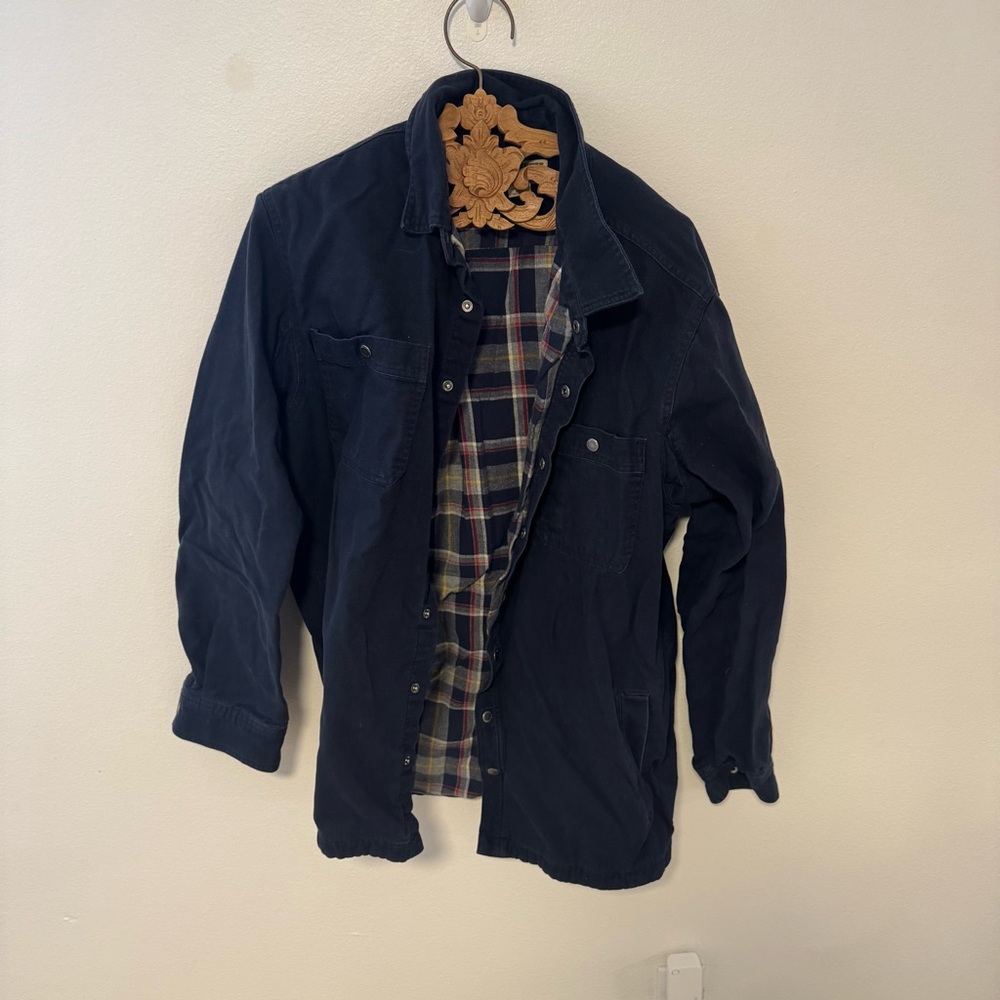 Duluth Trading Co Navy Jacket with Plaid Interior